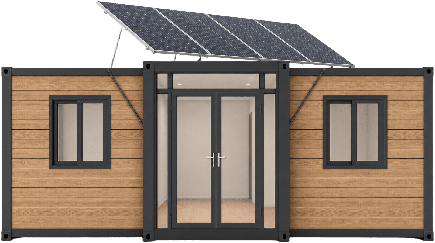 X folding container house with natural wood siding